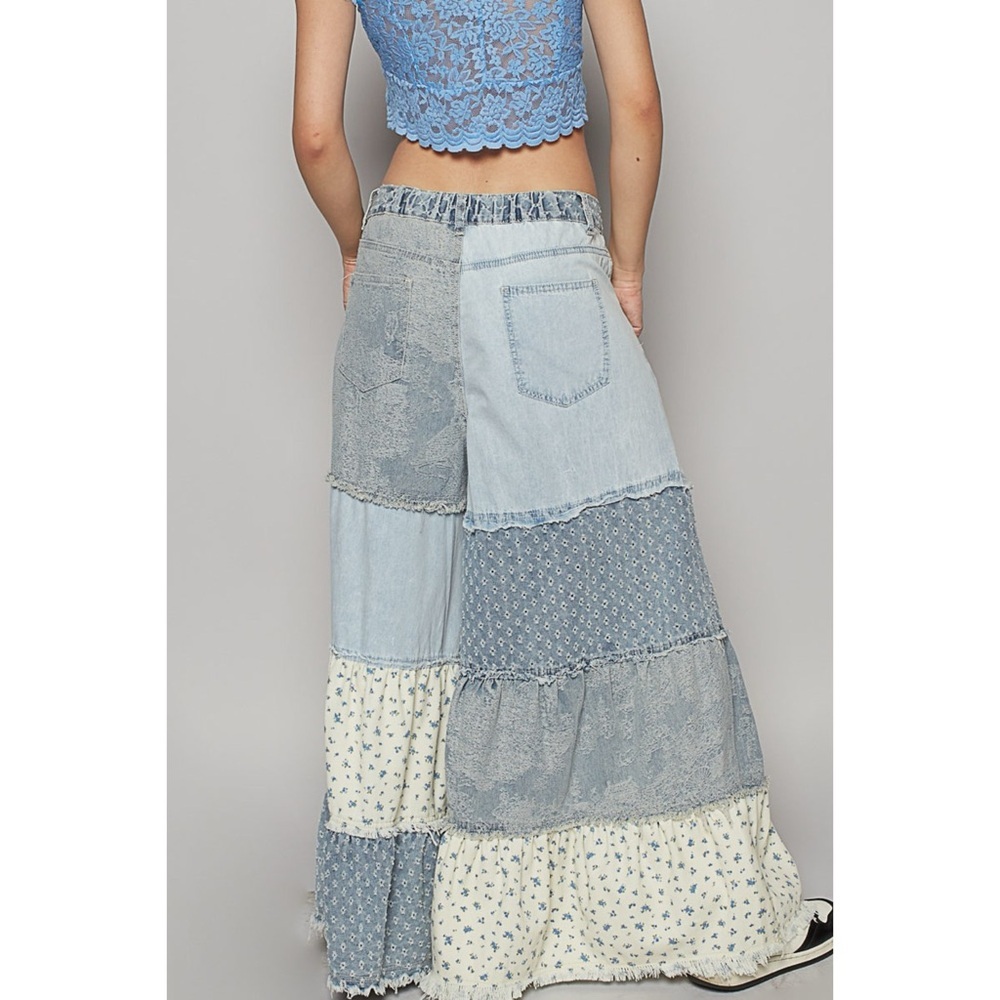Mixed Denim & Floral Tiered Ruffle Exaggerated Wide Leg Patchwork Jeans - Picture 6 of 9